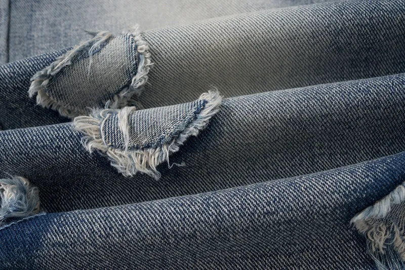 Custom Denim Note Patched Jeans with Slight Distress