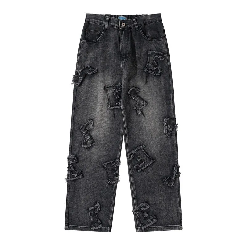 Custom Denim Note Patched Jeans with Slight Distress