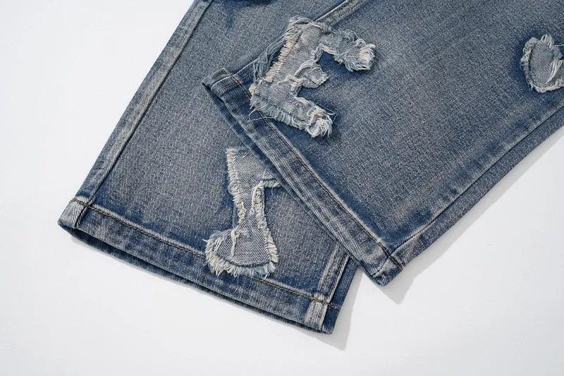 Custom Denim Note Patched Jeans with Slight Distress