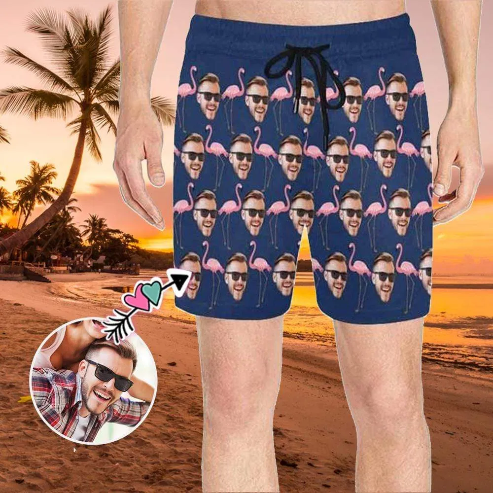 Custom Swimming Trunks Personalized Face Flamingo Men's Quick Dry Swim Shorts for Holiday