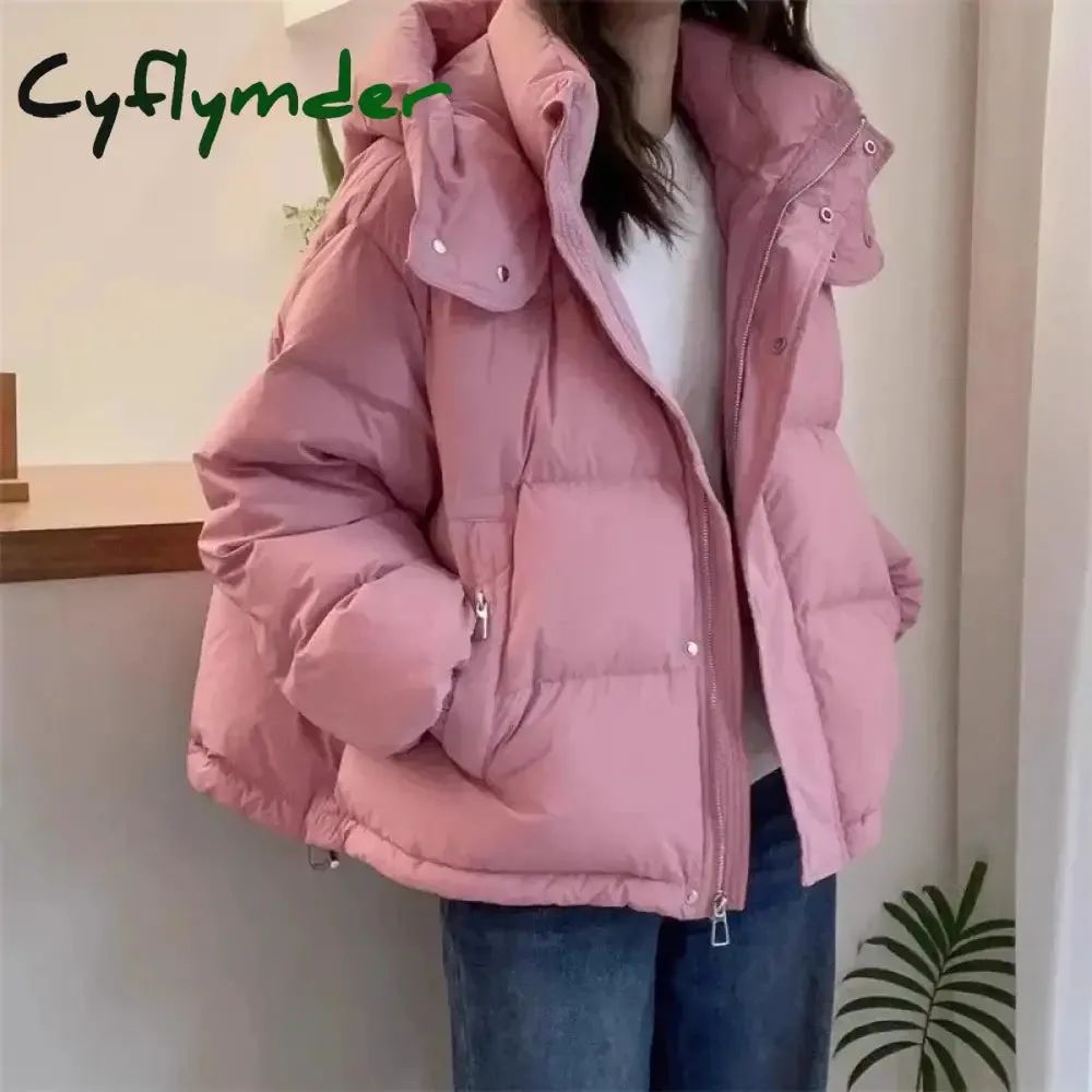 Cyflymder Women Korean Cotton Parkas Hooded Winter Oversize Coat Thick Warm Loose Puffer Jacket Female Solid Fashion Zipper Outwear