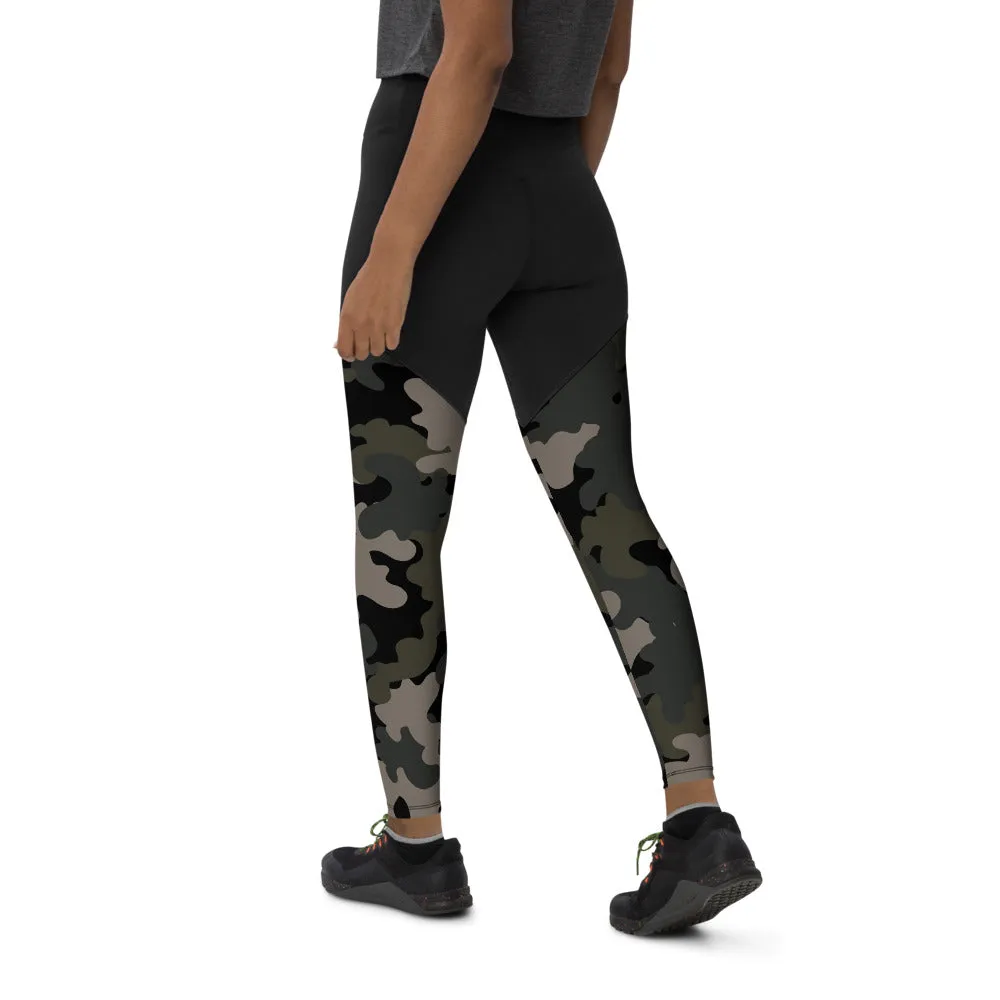 Dark Camouflage Sports Leggings with Pocket