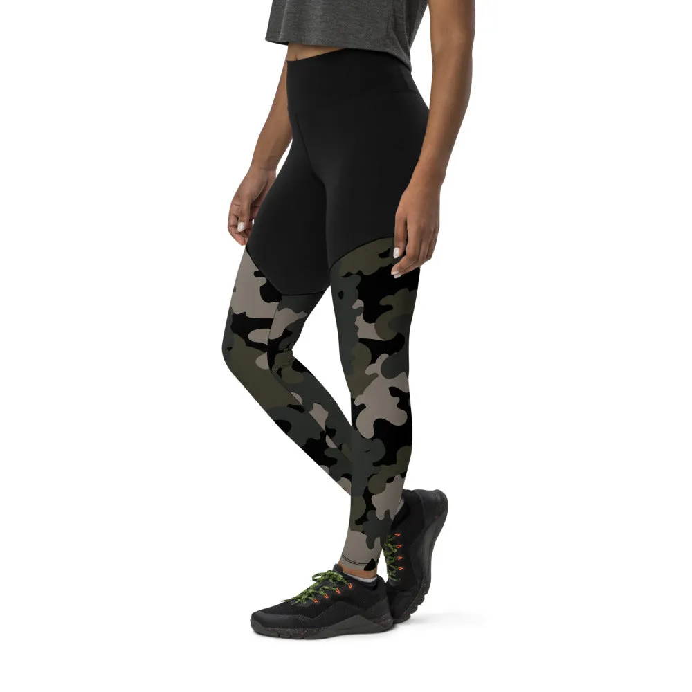 Dark Camouflage Sports Leggings with Pocket