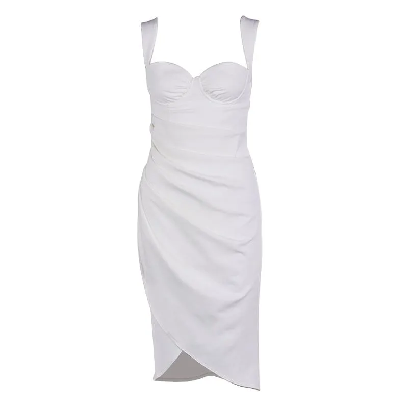 Deep V Neck Pleated Strapless Dress