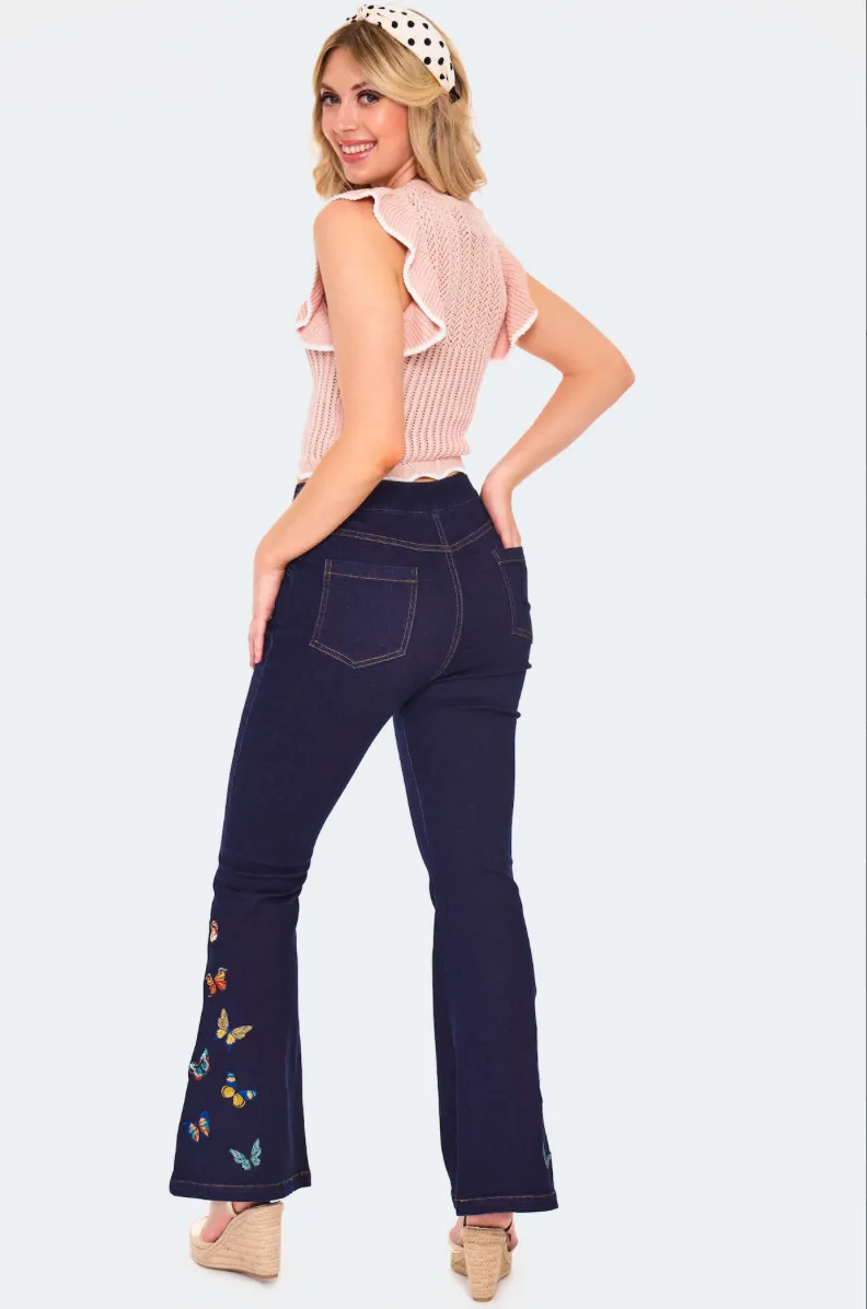 Embroidered Butterly Denim Pants