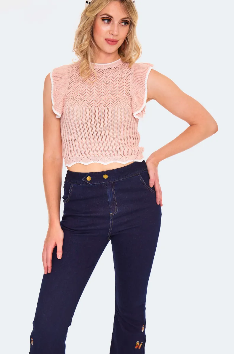 Embroidered Butterly Denim Pants