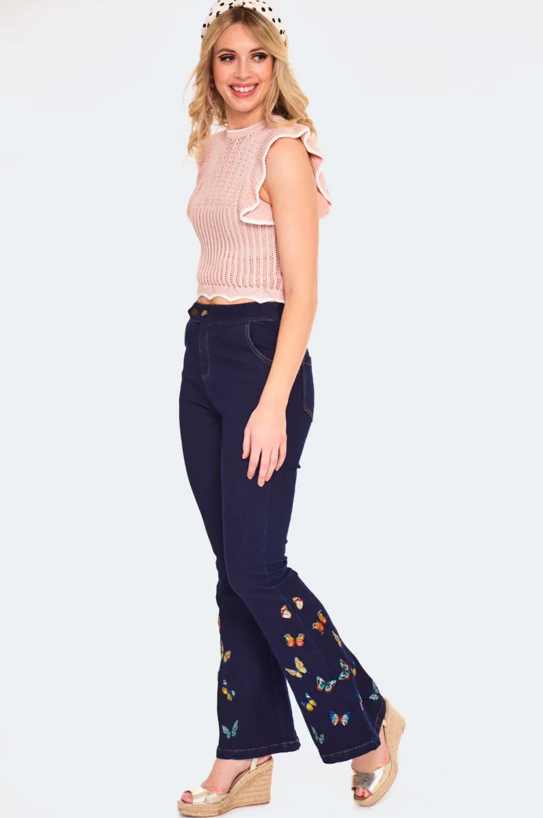 Embroidered Butterly Denim Pants