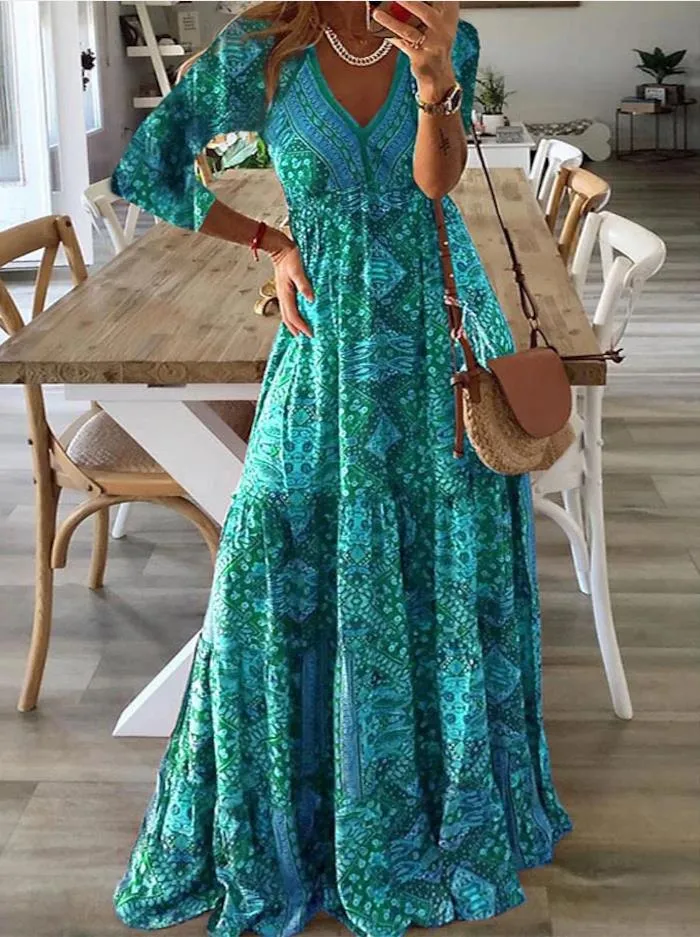 Fashion Printed Mid Sleeve V-Neck Long Dresses Wholesale Dresses