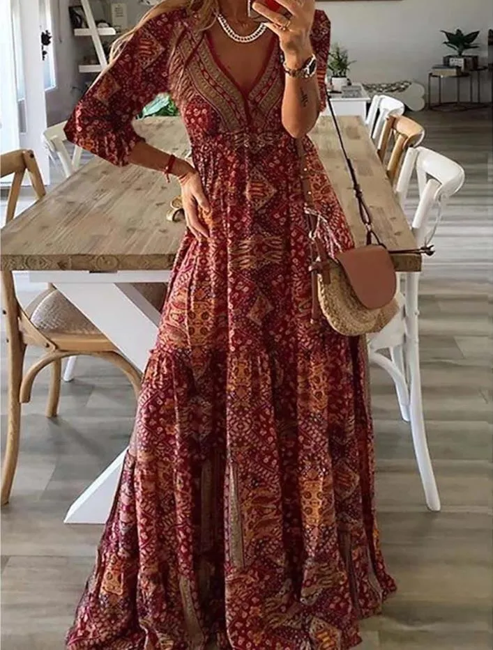 Fashion Printed Mid Sleeve V-Neck Long Dresses Wholesale Dresses