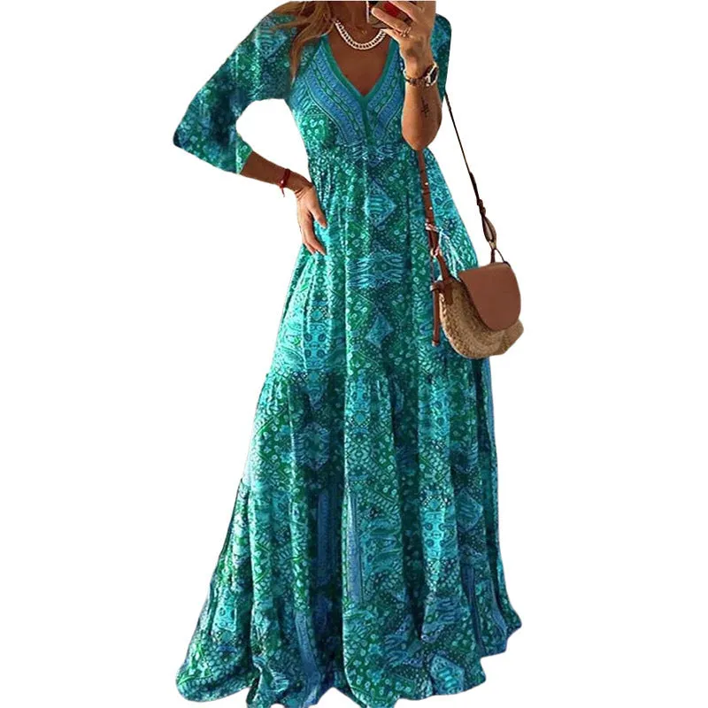 Fashion Printed Mid Sleeve V-Neck Long Dresses Wholesale Dresses