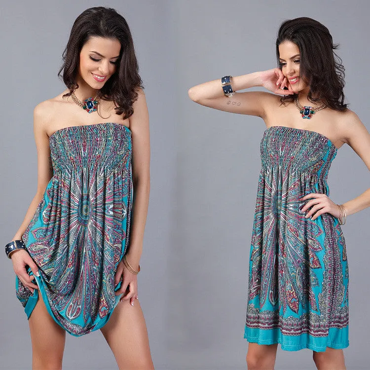 Fashion Strapless Floral Print Pleated Short Dress