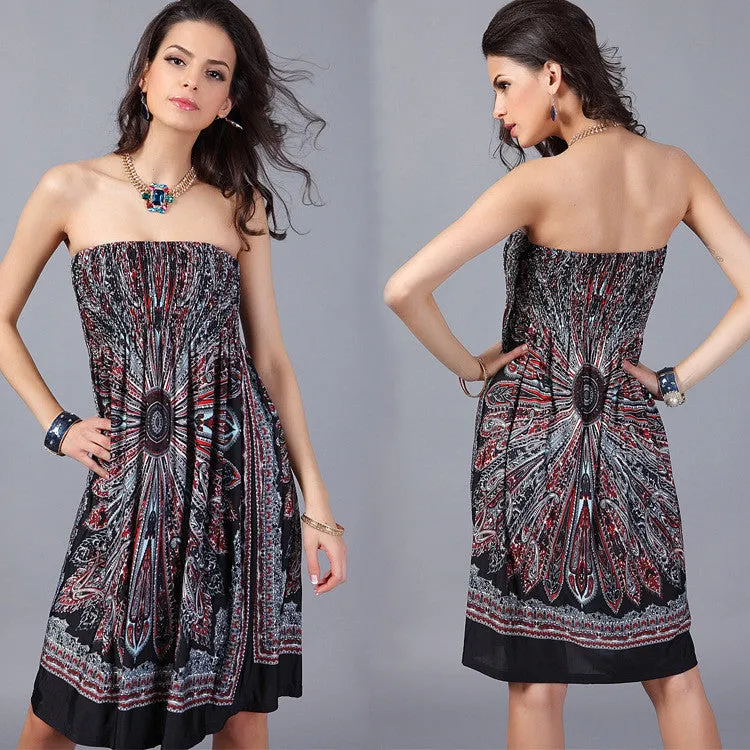 Fashion Strapless Floral Print Pleated Short Dress