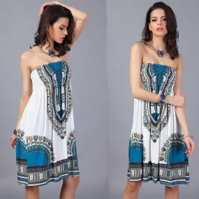Fashion Strapless Floral Print Pleated Short Dress