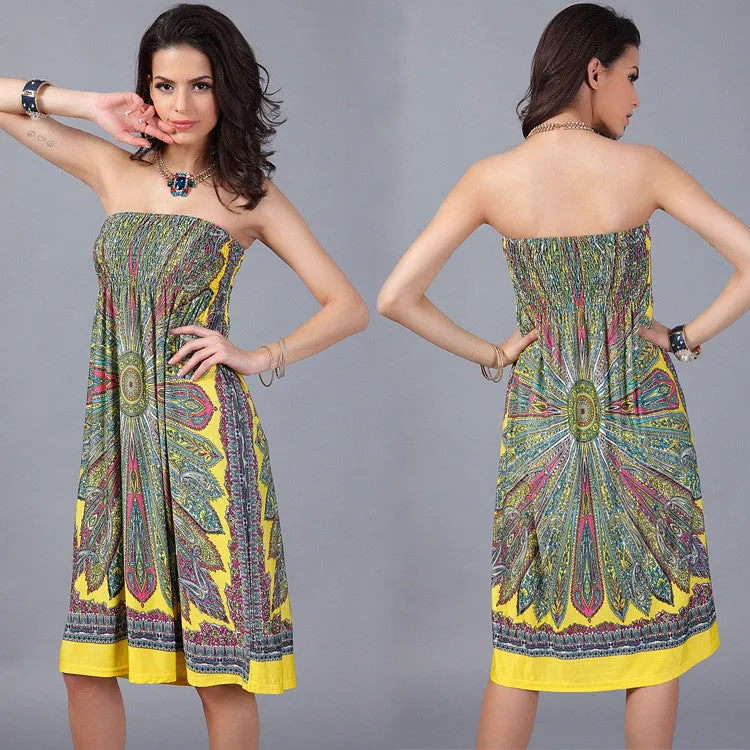Fashion Strapless Floral Print Pleated Short Dress