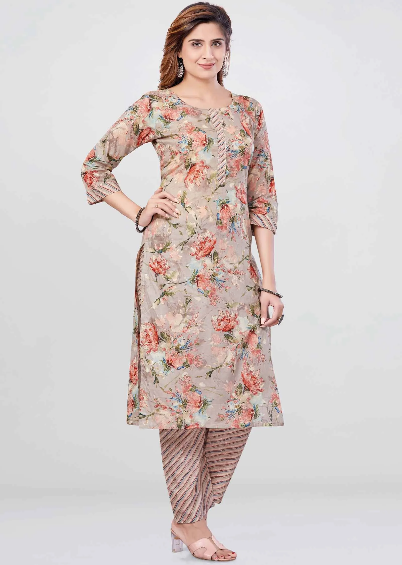 Fawn Cotton Printed Kurti Sets