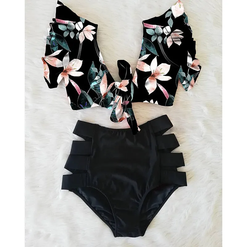 Flora V-Neck High-Waisted Two Piece Swimsuit