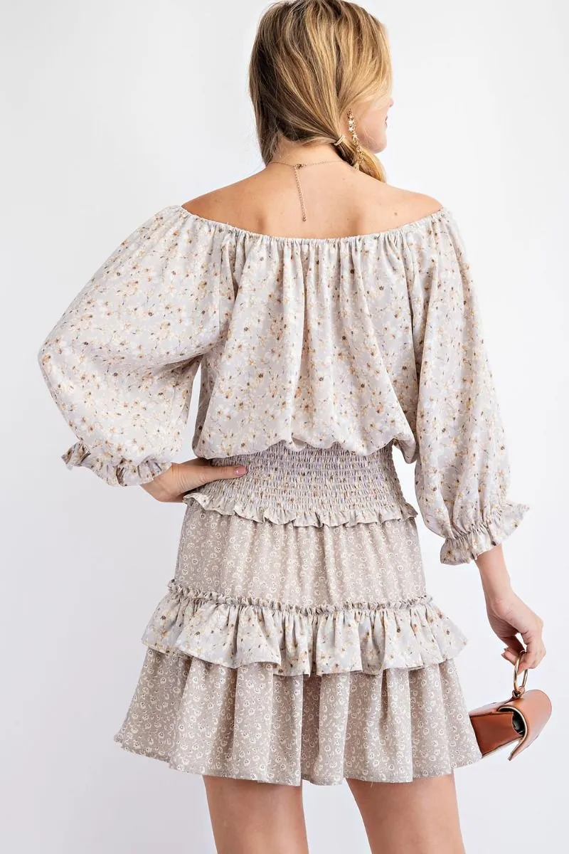 Floral Printed Smocked Waistband Tiered Ruffle Mini Dress