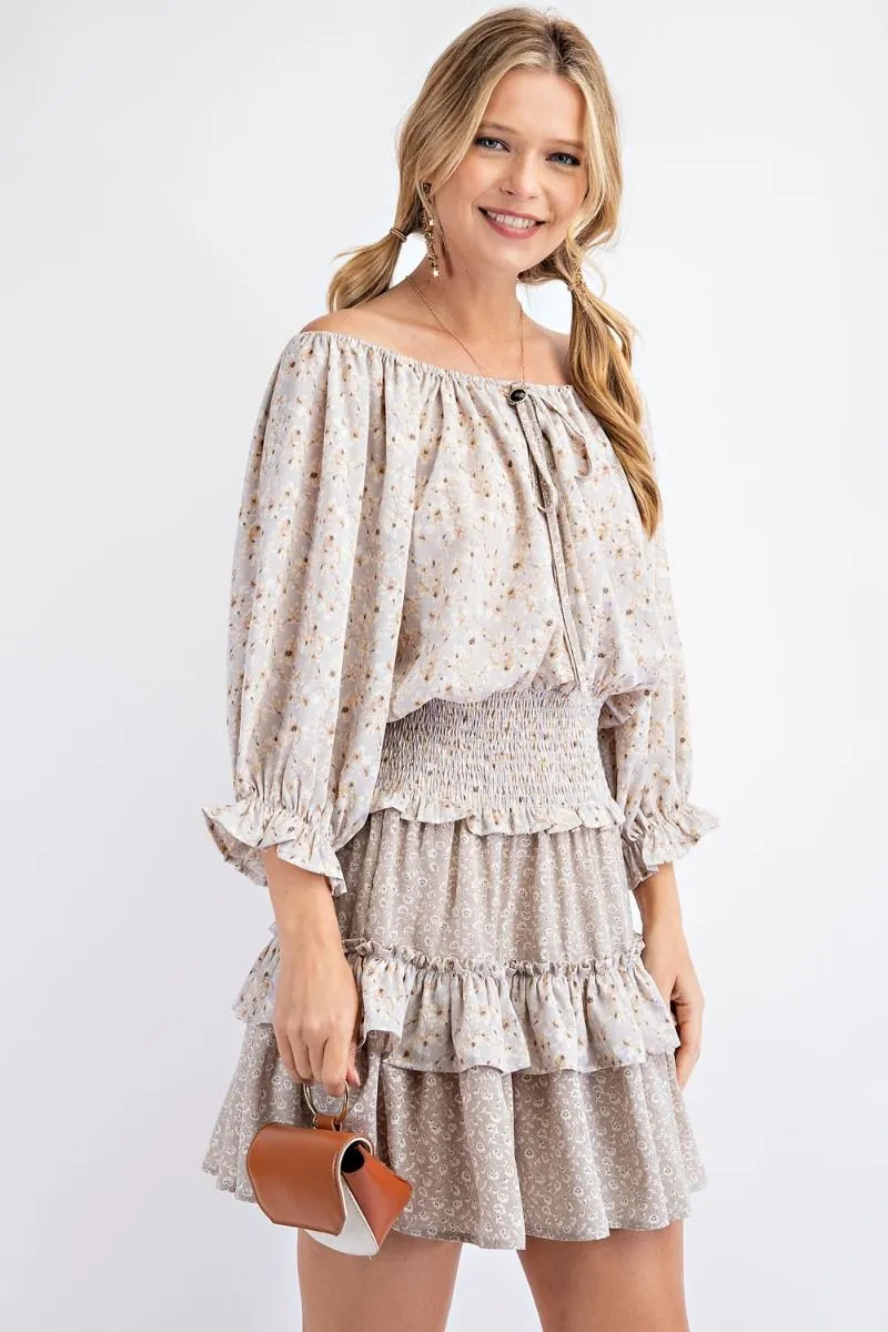 Floral Printed Smocked Waistband Tiered Ruffle Mini Dress