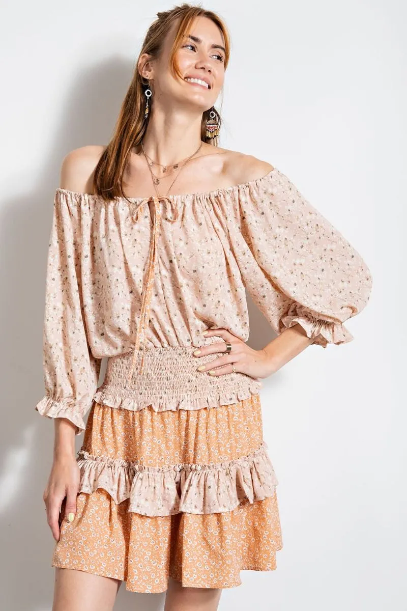 Floral Printed Smocked Waistband Tiered Ruffle Mini Dress