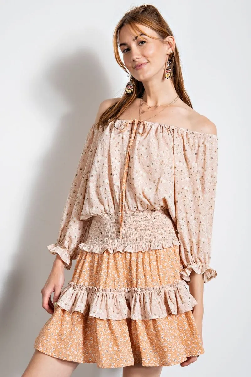 Floral Printed Smocked Waistband Tiered Ruffle Mini Dress