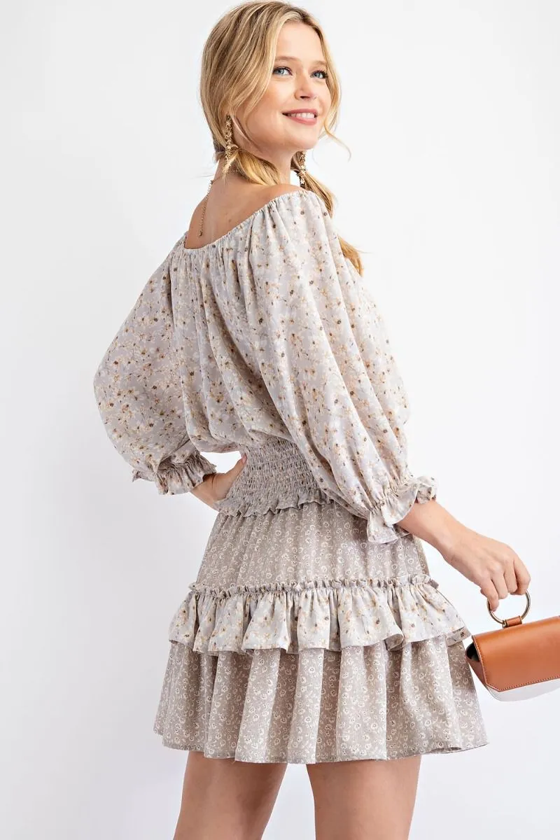 Floral Printed Smocked Waistband Tiered Ruffle Mini Dress