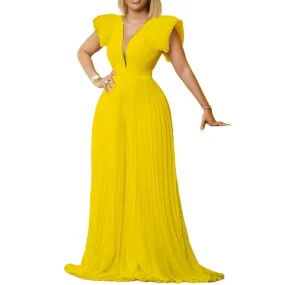 Flutter Sleeve Pleated Patchwork Deep V-Neck Dress