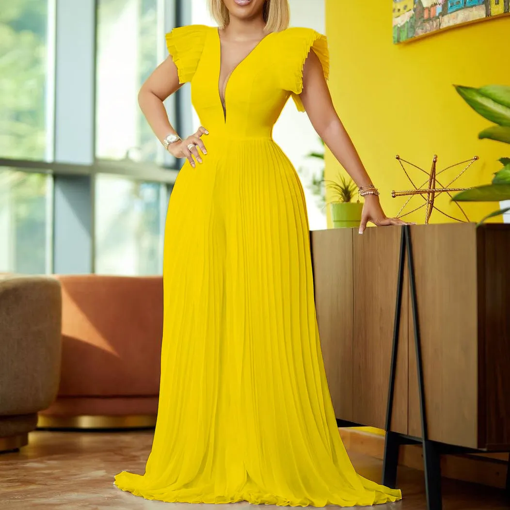 Flutter Sleeve Pleated Patchwork Deep V-Neck Dress