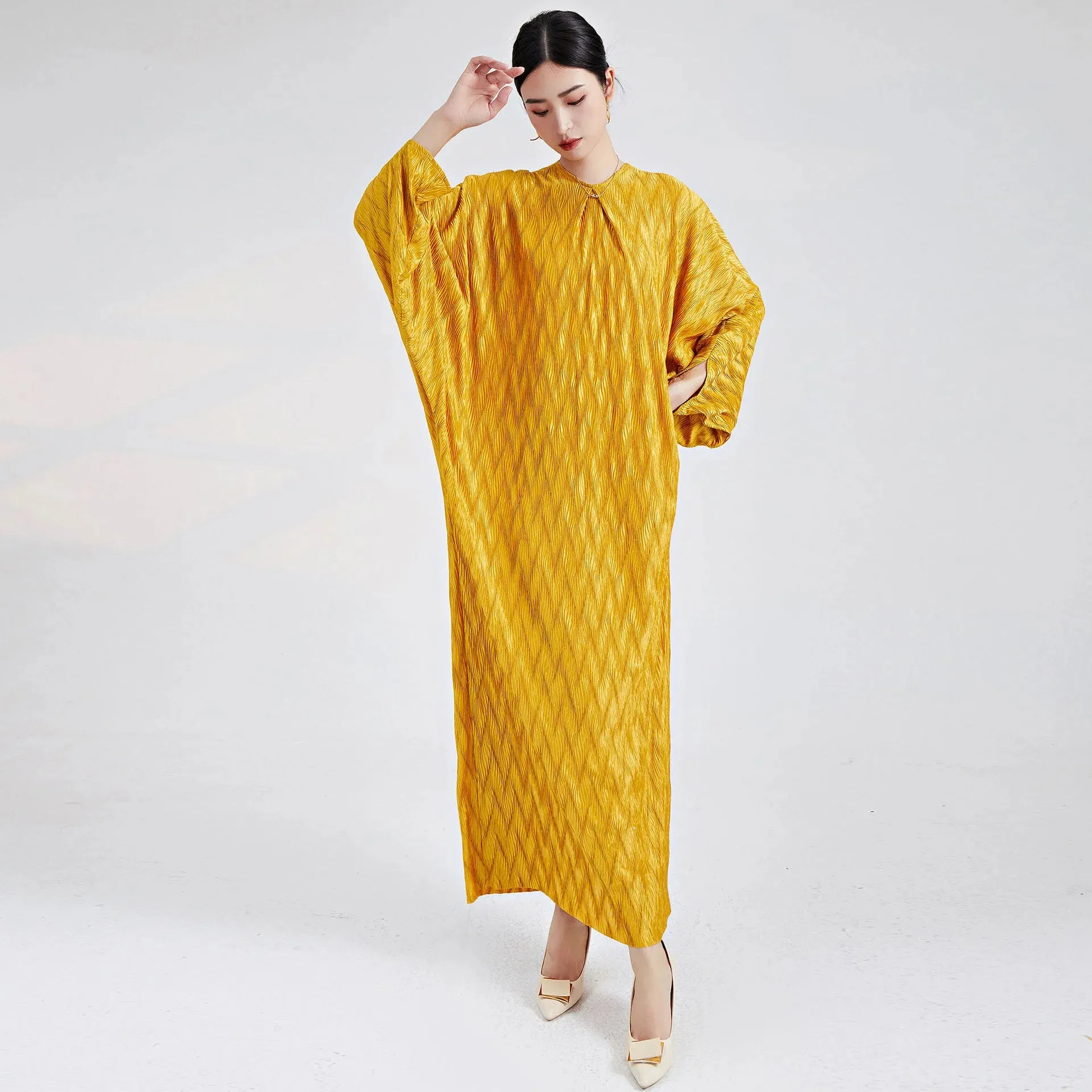 Genuine Pleated Batwing Sleeve Midi Dress