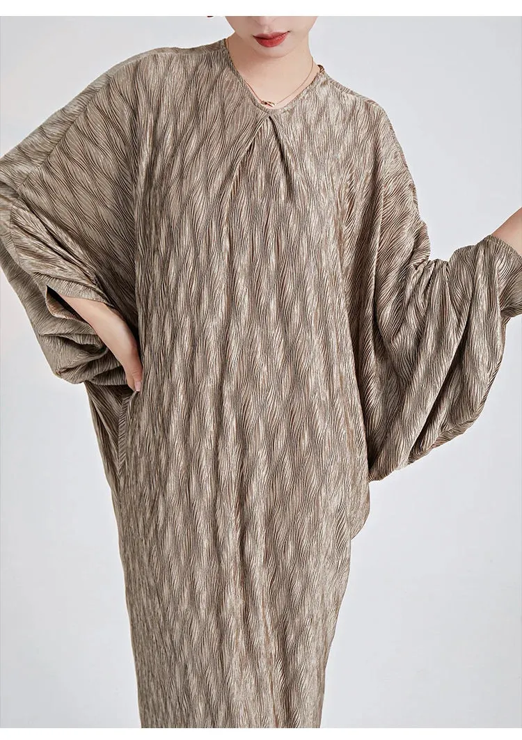 Genuine Pleated Batwing Sleeve Midi Dress