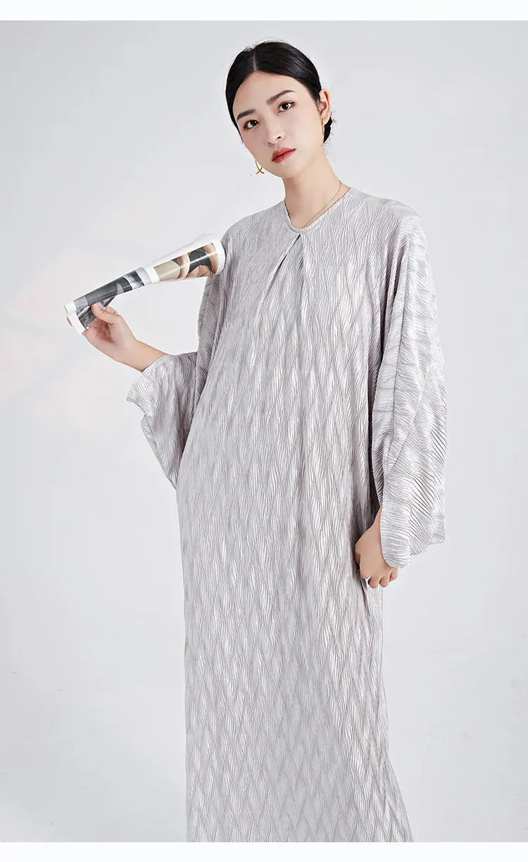Genuine Pleated Batwing Sleeve Midi Dress