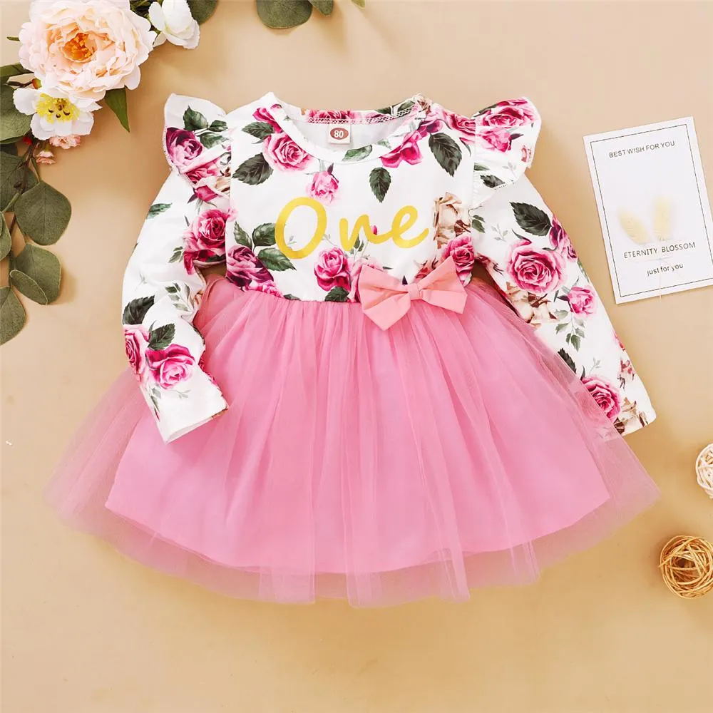 Girl Floral Printed Ruffled Bow Decor Mesh Dress Wholesale Girl Dresses
