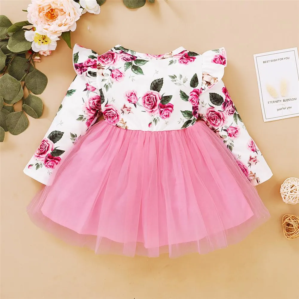Girl Floral Printed Ruffled Bow Decor Mesh Dress Wholesale Girl Dresses
