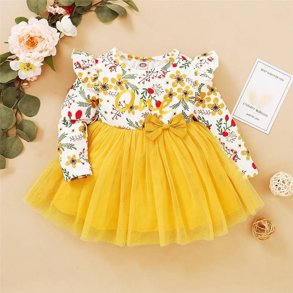 Girl Floral Printed Ruffled Bow Decor Mesh Dress Wholesale Girl Dresses