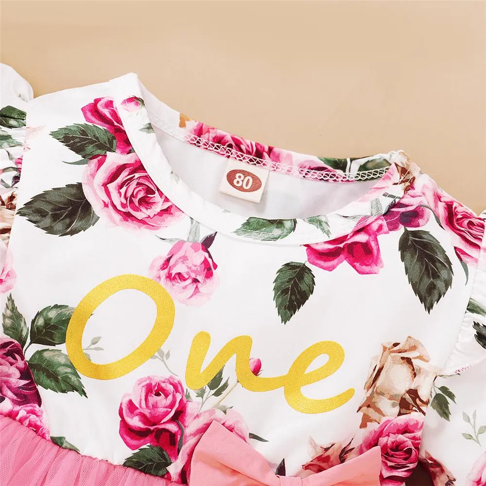 Girl Floral Printed Ruffled Bow Decor Mesh Dress Wholesale Girl Dresses