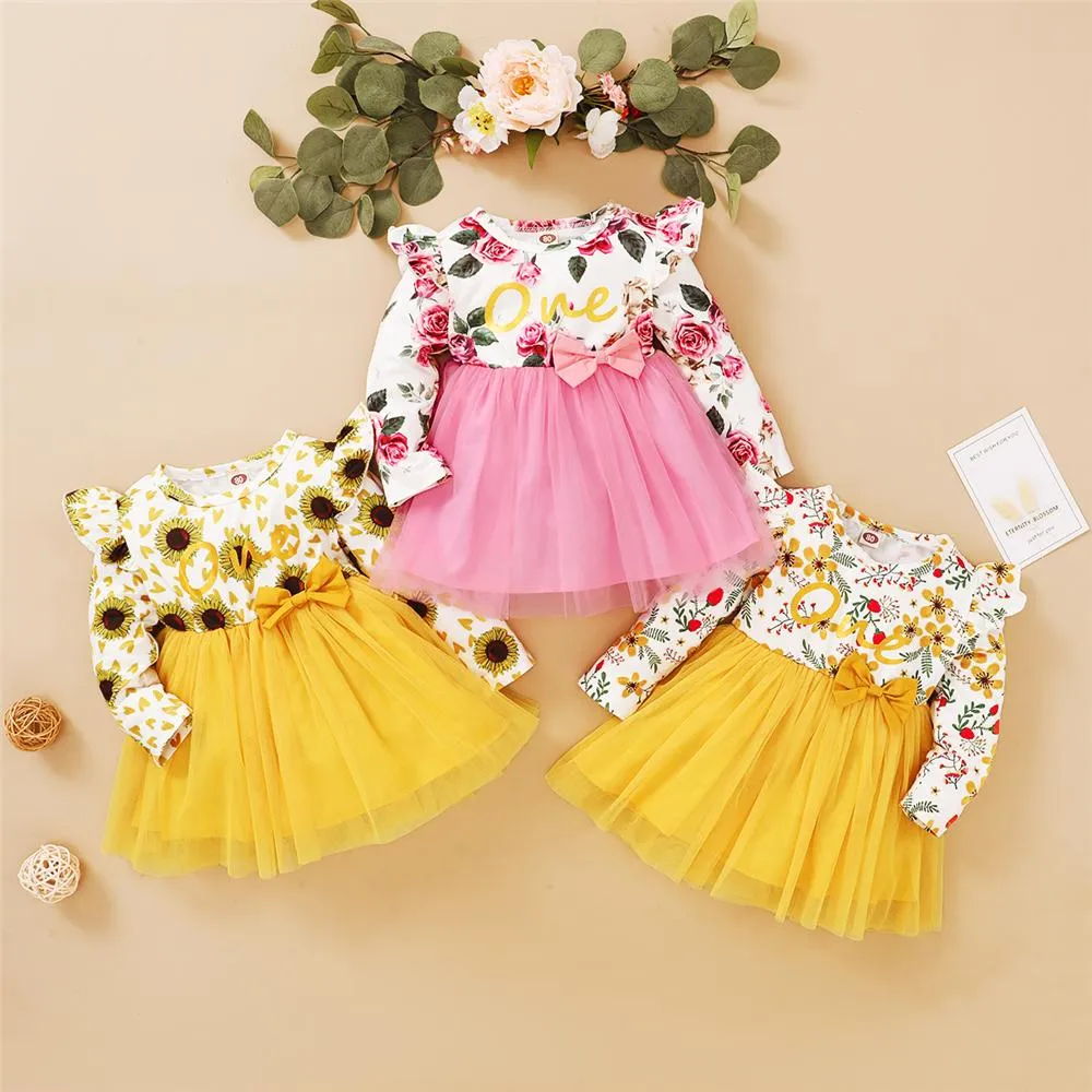Girl Floral Printed Ruffled Bow Decor Mesh Dress Wholesale Girl Dresses