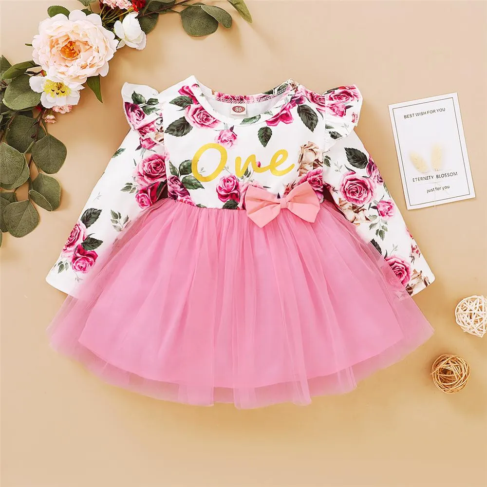Girl Floral Printed Ruffled Bow Decor Mesh Dress Wholesale Girl Dresses