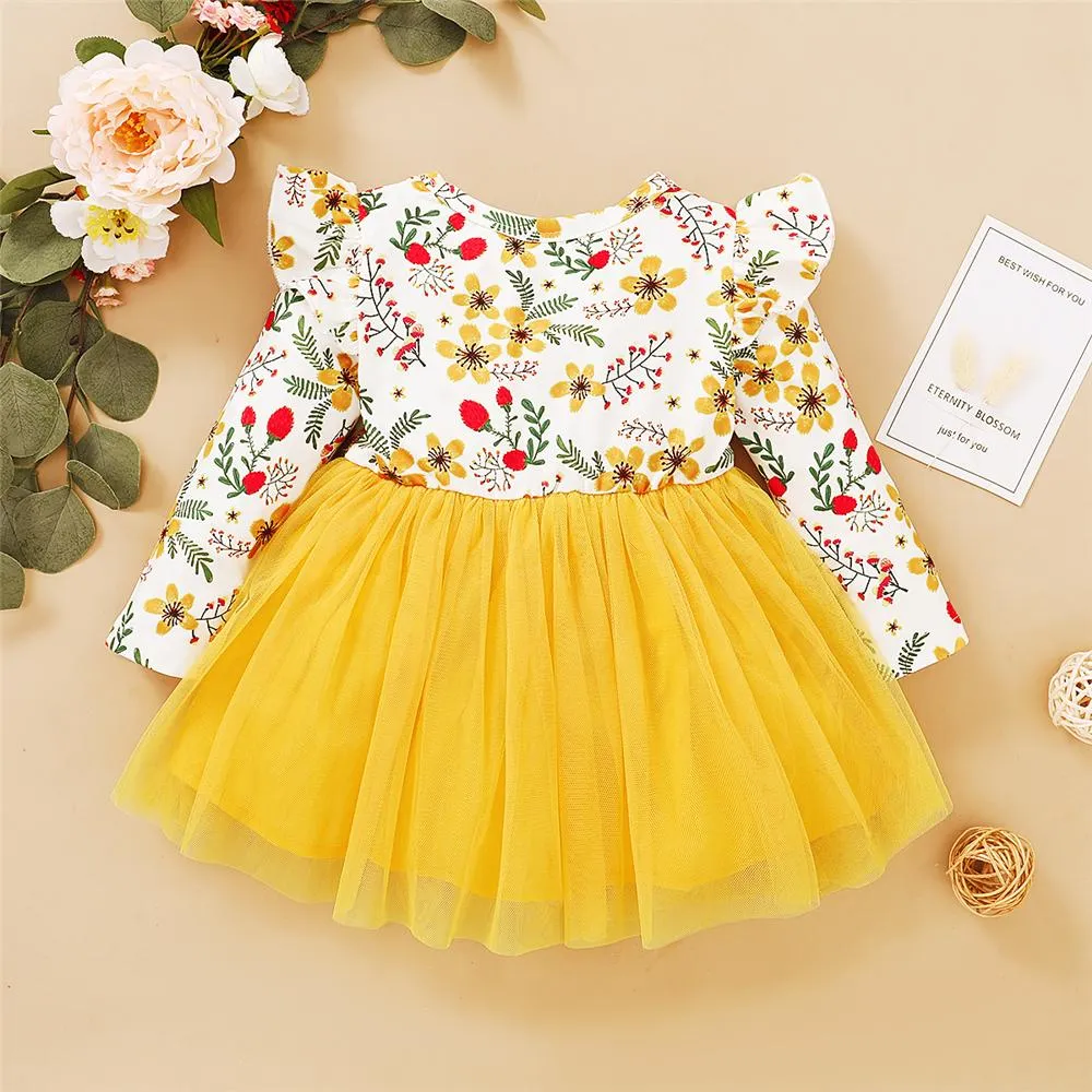 Girl Floral Printed Ruffled Bow Decor Mesh Dress Wholesale Girl Dresses