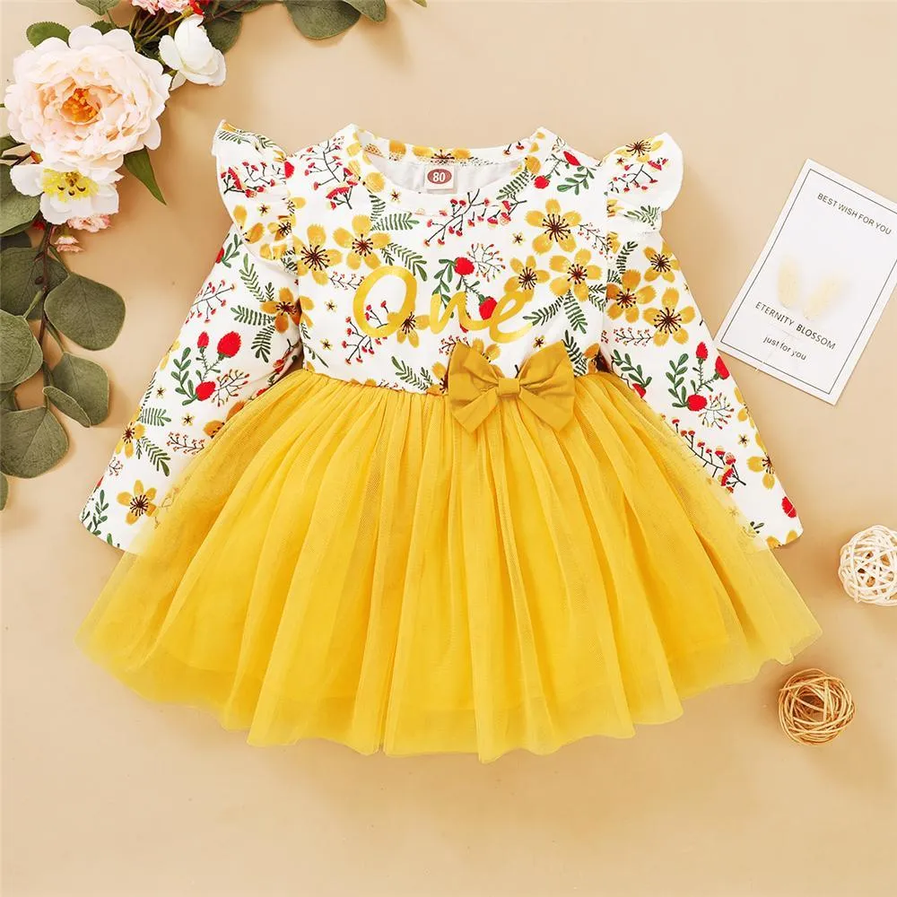 Girl Floral Printed Ruffled Bow Decor Mesh Dress Wholesale Girl Dresses