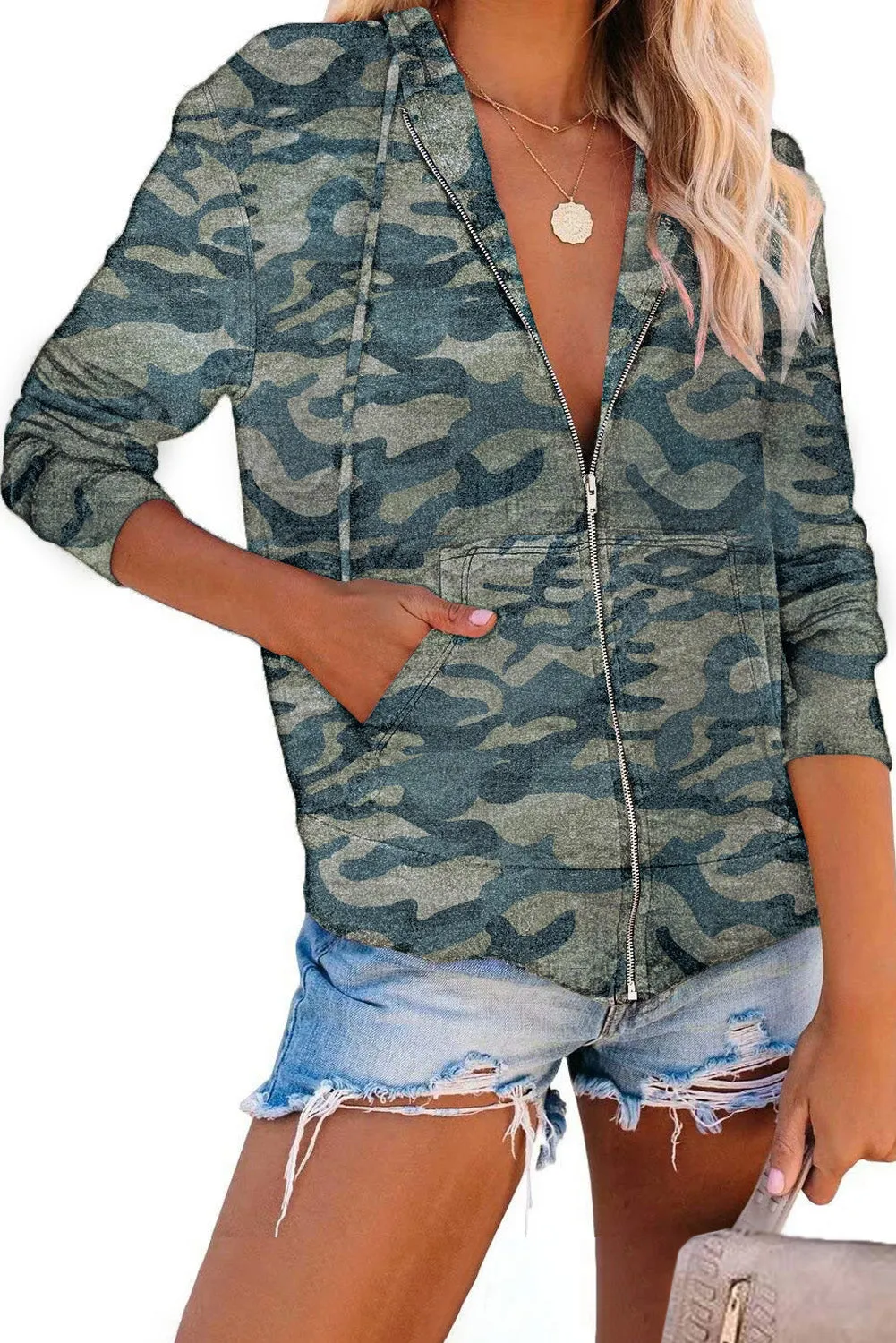 Green Camouflage Print Zip Up Hooded Jacket