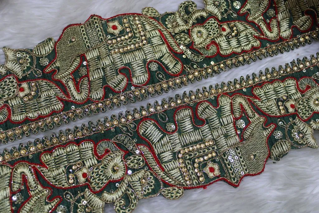 Green Elephants Zari Work Embroidered Border