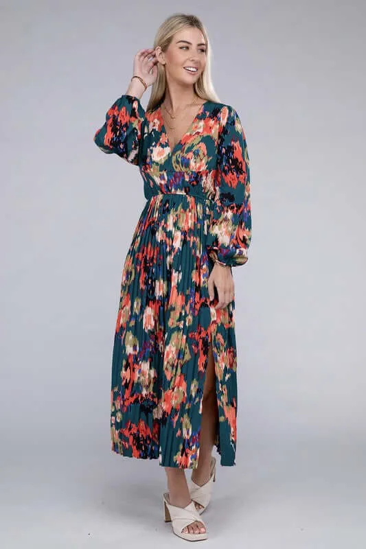 Green Floral Satin Pleated Maxi Dress