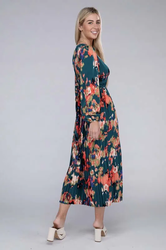 Green Floral Satin Pleated Maxi Dress