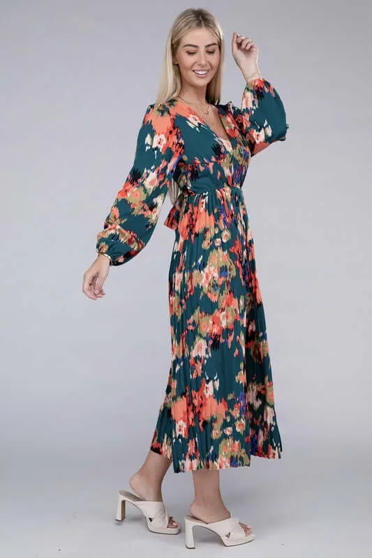 Green Floral Satin Pleated Maxi Dress