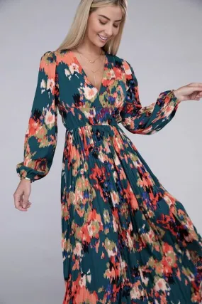 Green Floral Satin Pleated Maxi Dress