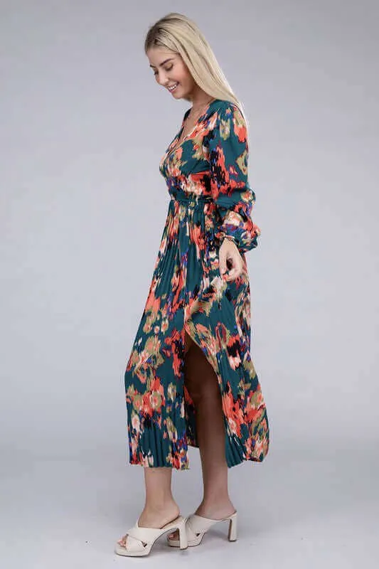 Green Floral Satin Pleated Maxi Dress