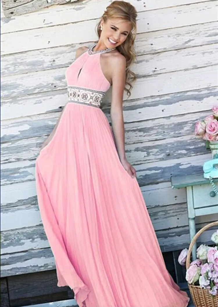 Halter High-waist Backless Pleated Long Party Dress