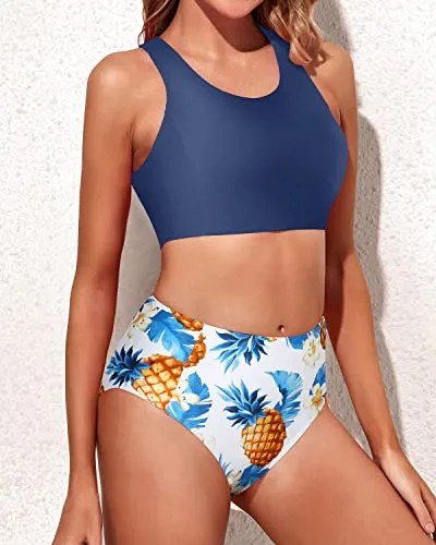 High Waisted Swimsuits Full Coverage Bottom-Tropical Pineapple