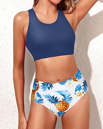 High Waisted Swimsuits Full Coverage Bottom-Tropical Pineapple