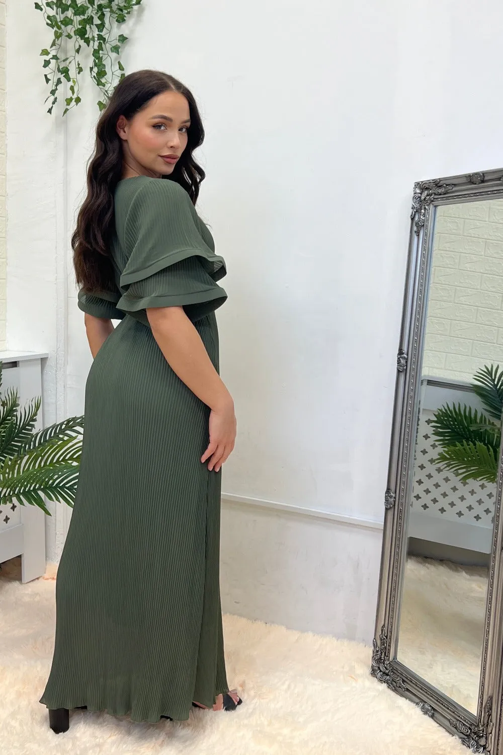 KHAKI PLEATED CHIFFON BOBBLE SLEEVE MAXI DRESS
