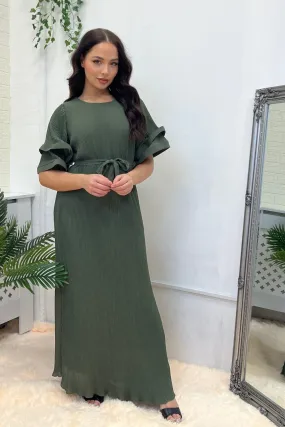 KHAKI PLEATED CHIFFON BOBBLE SLEEVE MAXI DRESS